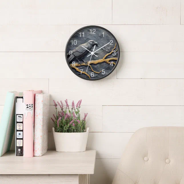 Perched raven in bas relief on slate wall clock