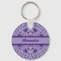 Elegant Flowery Purple Damask Keychain