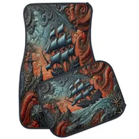 Intricate Ship Sailing Through a Wild Ocean Scene Car Floor Mat