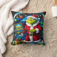 Grinch spreads Christmas gifts and joy Throw Pillow