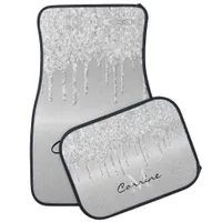 Monogram Metallic Platinum Silver Dripping Glitter Car Floor Mat