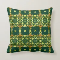 Emerald Green Yellow & Orange Vintage Pattern Throw Pillow