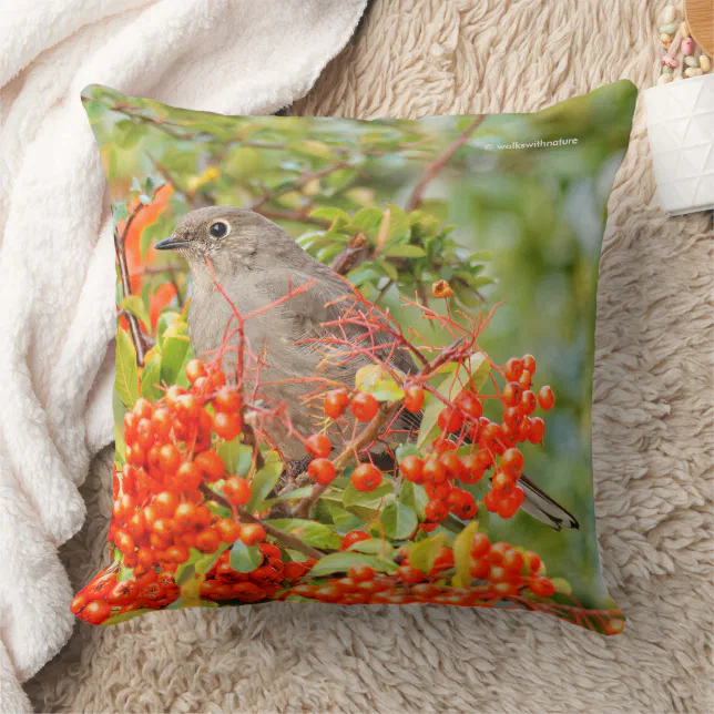 Townsend's Solitaire Songbird on Pyracantha Throw Pillow