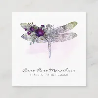 *~* Floral Watercolor Burgundy Pink  Dragonfly   Square Business Card