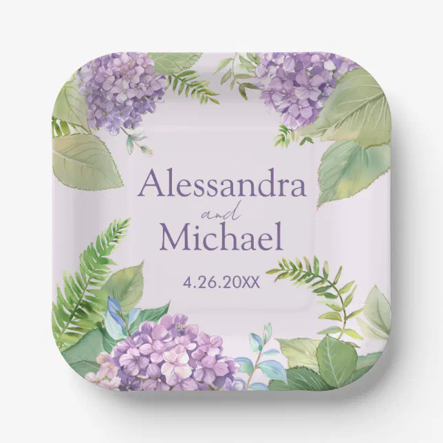 Watercolor Lavender Hydrangea Flowers Wedding Paper Plates