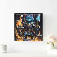 Brave Feline Knight in Fiery Fantasy Setting Square Wall Clock