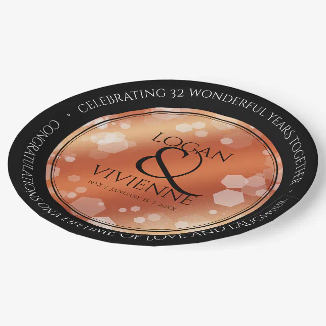 Elegant 8th 32nd Bronze Wedding Anniversary Paper Plates