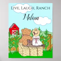 Personalized Cute Cowgirl and Teddy Bear on Ranch Poster