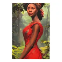 Safari Queen: Majestic African Woman Red Feathers Wood Wall Art