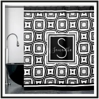 Stylish Black & White Geometric Pattern Monogram Shower Curtain