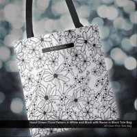 Hand Drawn Flower Pattern with Name White & Black Tote Bag