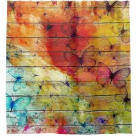 Butterflies on a Colorful Rustic Wood Shower Curtain
