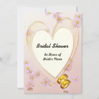 Pink Flowers, Heart Frame, Rings Bridal Shower Invitation