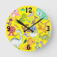 Cute Dinosaur Pattern on Yellow | Round Clock