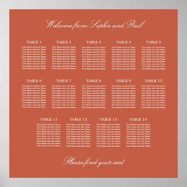 Terracotta 14 Table Wedding Seating Chart Poster