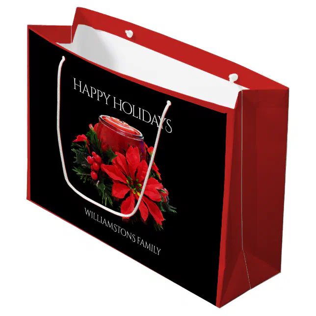 Festive Red Christmas Candles, Holly, & Poinsettia Large Gift Bag