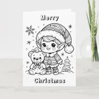 Cute Elf and Teddy Bear Christmas Color Me Card