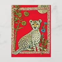 Cheetah on a Red Background With Flowers Postcard