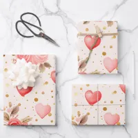 Valentine's Pink Watercolor Roses and Hearts  Wrapping Paper Sheets