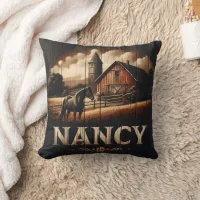 Black Horse Near Barn at Nancy Farm Throw Pillow