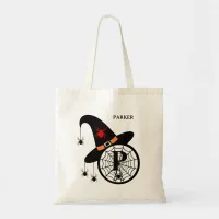 Monogram P Halloween Witch Spiders Your Name Tote Bag