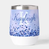 Simple Blue Brushed Metal and Glitter Monogram | Thermal Wine Tumbler