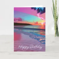 Ocean Waves and Sunset, Pink Sand, Happy Birthday Card