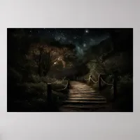 Winding timber path through valley forest at night poster