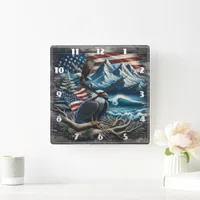 Eagle on Branch in Mountain View Square Wall Clock