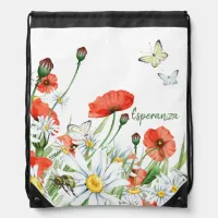 Poppies, Wildflowers, and Butterflies Floral Drawstring Bag