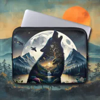 Mystical Wolf Howling at Moon Surreal  Laptop Sleeve