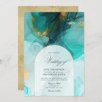 Thumbnail for Elegant Turquoise and Gold Flowing Ink Wedding Invitation