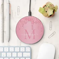 Blush Pink Glitter Drips Sparkle Luxe Monogram Wireless Charger