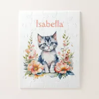 Personalized Gray Kitten in Pink Flowers Jigsaw Puzzle