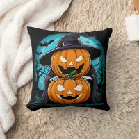 Halloween ghost with pumpkins under the moonlight throw pillow