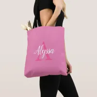 Cute Pink White Script Monogram Tote Bag