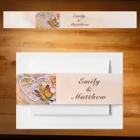 Heart Pearls, Orange Roses & Butterflies Wedding Invitation Belly Band