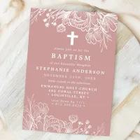 Dusty Rose Pink and White Floral Baptism Invitation