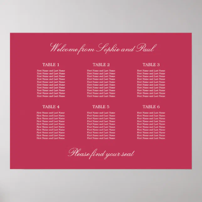 Carmine Magenta 6 Table Seating Chart Poster