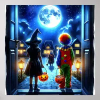 Witch and Clown looking at a Monster Halloween Poster