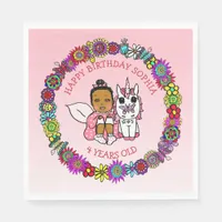 Coral African-American Fairy and Unicorn Birthday Napkins