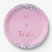 50 and Fabulous Pink Holographic Glitter Paper Plates