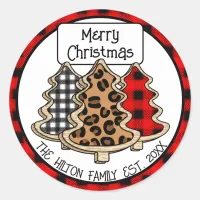 Personalized Buffalo Plaid Gingham Christmas Trees Classic Round Sticker