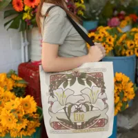 White Lily Vintage-Style Art Front with Pink Back Tote Bag