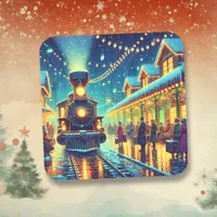 Vintage Train Station on Christmas Eve Snowy Night Square Sticker