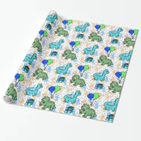 Blue and green Confetti Dinosaurs Birthday Wrapping Paper