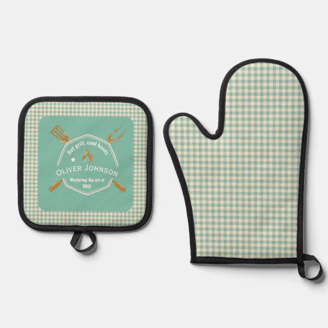 The Art Of BBQ Blue Plaid Pattern Oven Mitt & Pot Holder Set