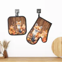 Cozy Fox Rustic Fall Oven Mitt & Pot Holder Set