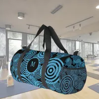 Modern, trendy blue circles on black monogram  duffle bag