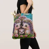 Cute Hedgehog Family in English Country Garden Tote Bag